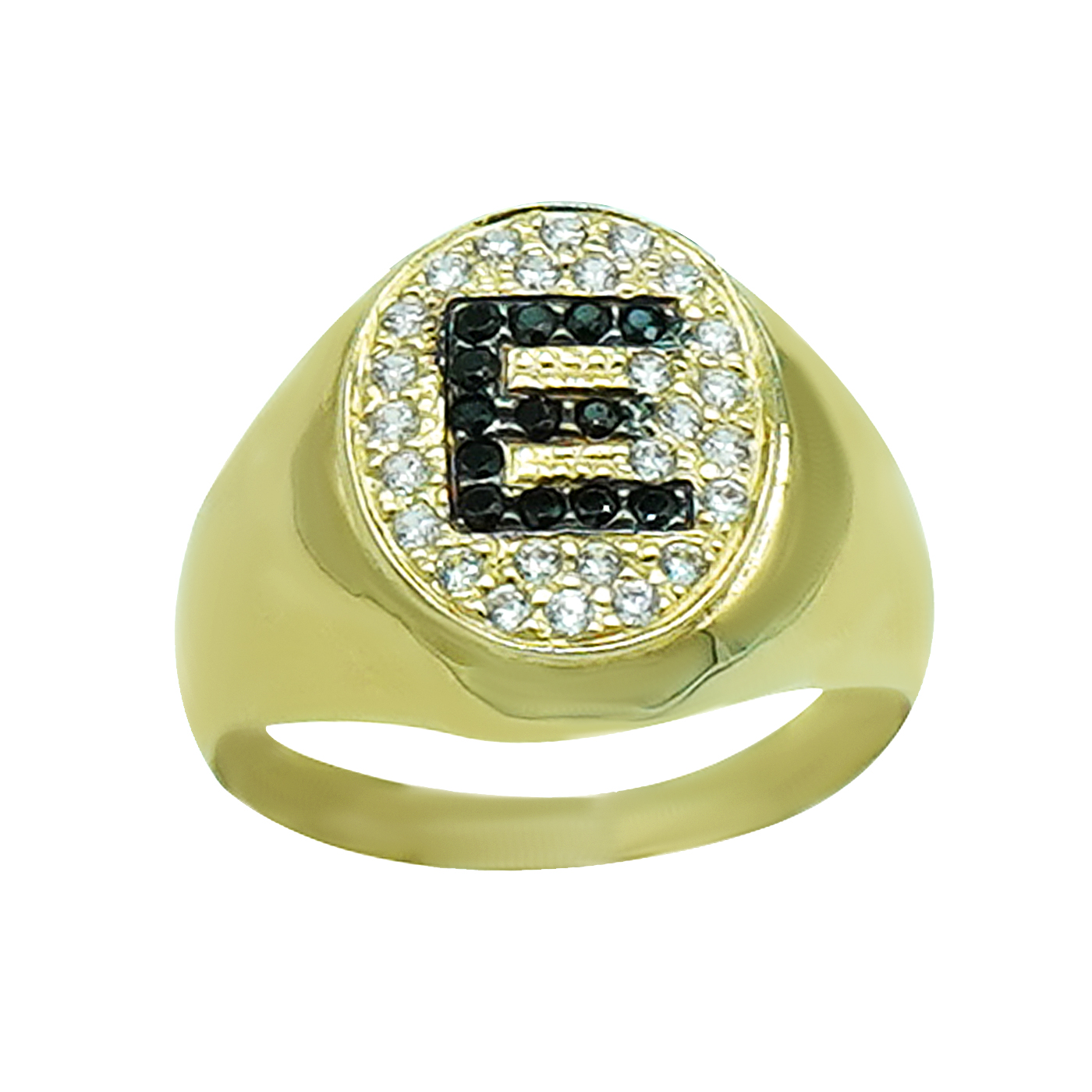 GOLD 14K RING CHEVALIER WITH BLACK ZIRGON AND LETTER