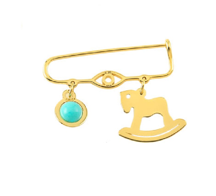 GOLD 14K BABY PIN WITH EYE AND HORSE