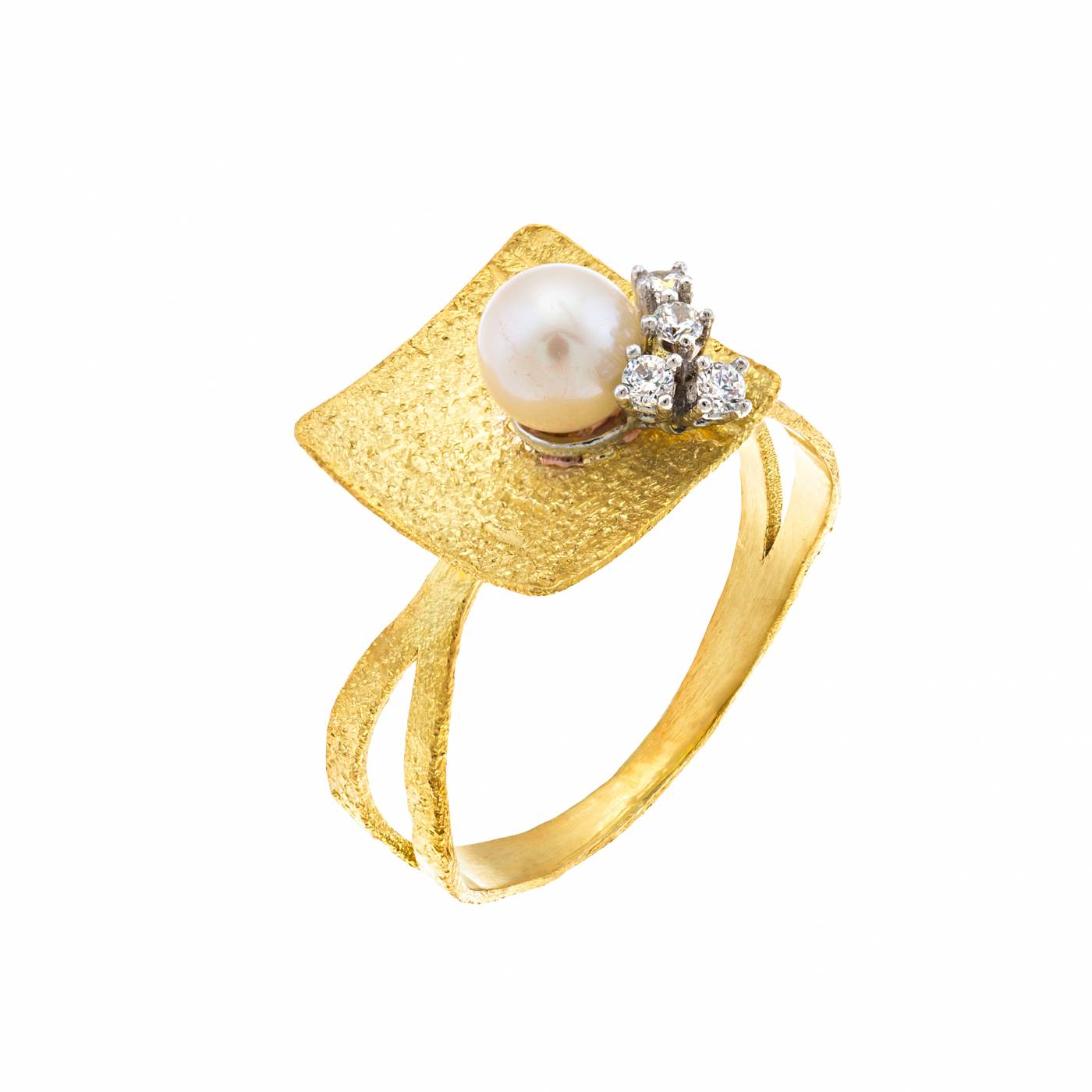 GOLD 14K HANDMADE RING WITH ZIRGON AND PEARL