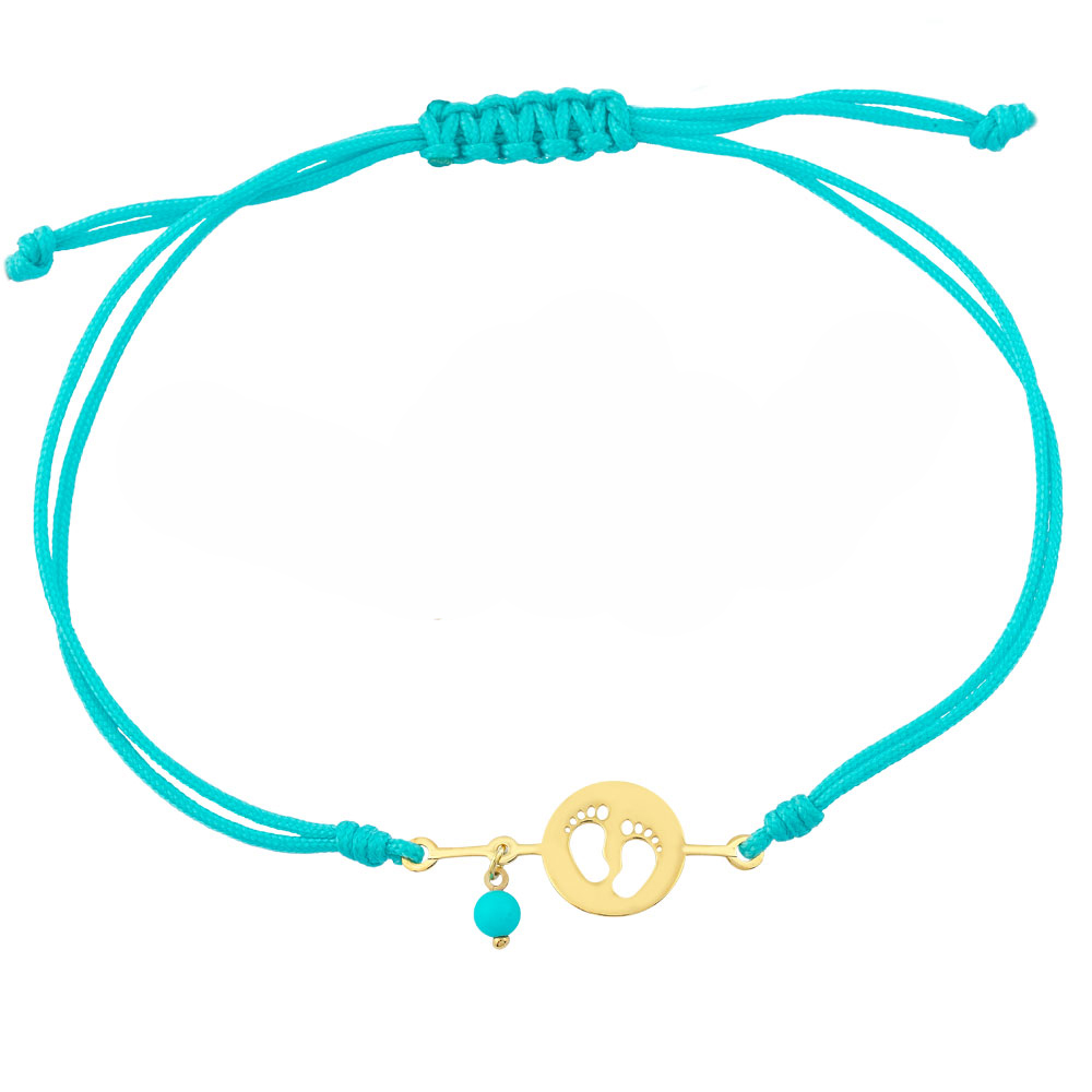 GOLD 14K BRACELET GOLD BABY FEET WITH CORD AND BLUE STONE