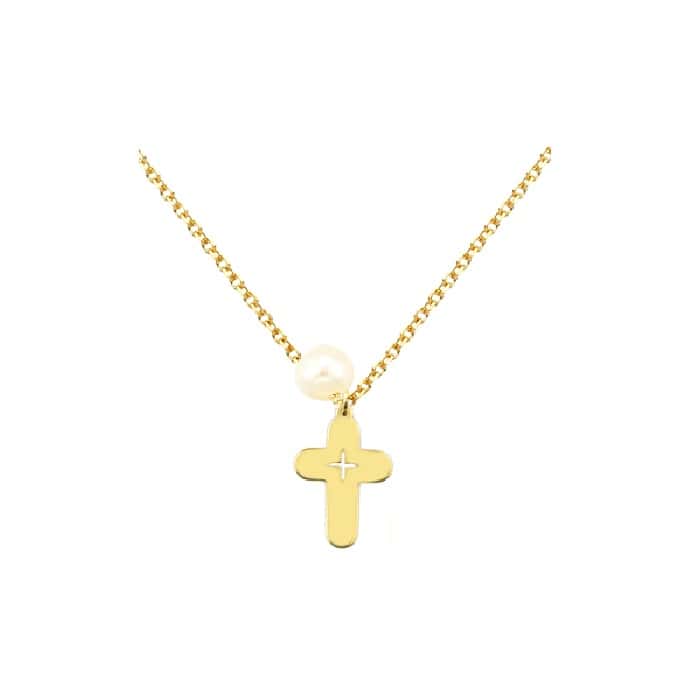 GOLD 14K NECKLACE CROSS AND PEARL