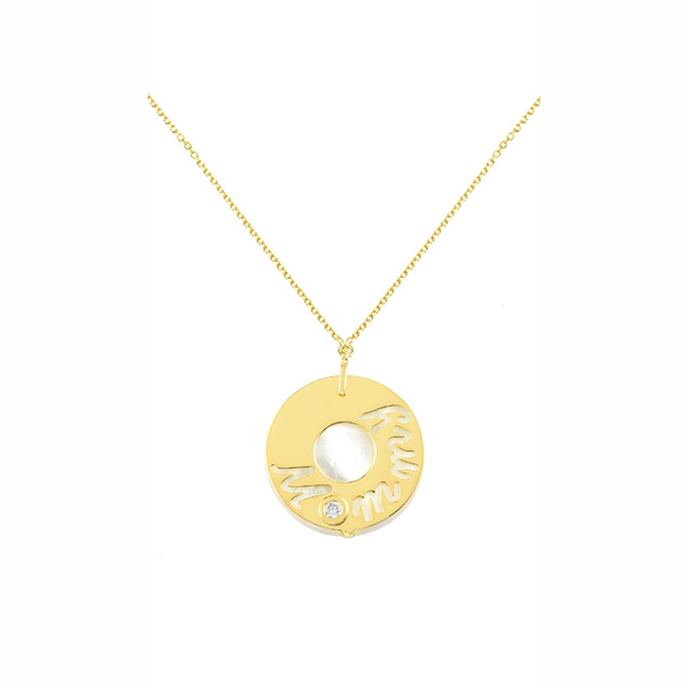 GOLD 14K NECKLACE MOMMY WITH DIAMONDS AND MOTHER OF PEARL