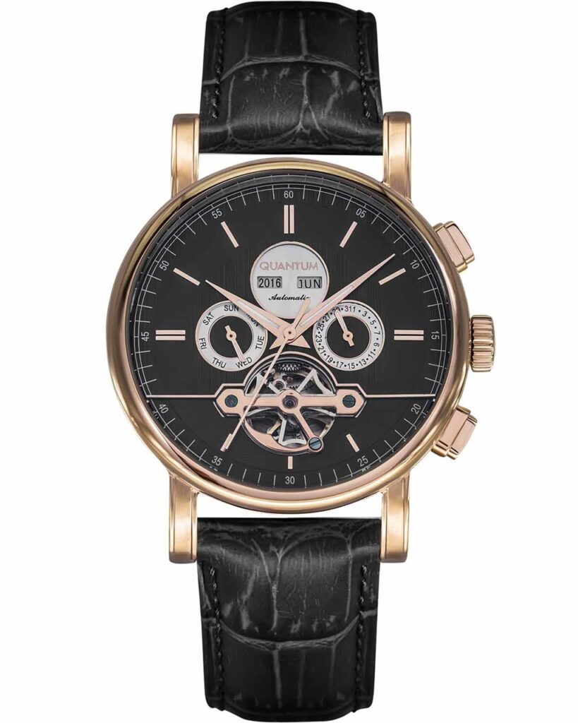QUANTUM WATCH AYTOMATIC BLACK LEATHER STRAP QMG516451