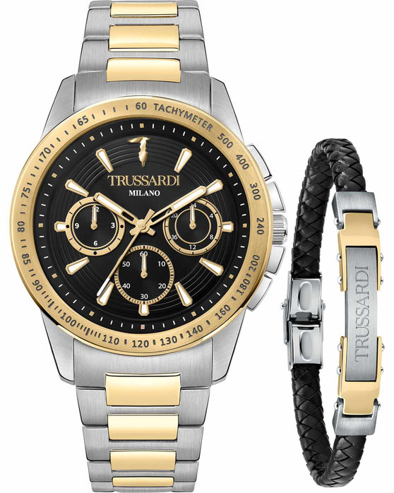 TRUSSARDI WATCH T-HAWK CHRONOGRAPH TWO TONE STAINLESS STEEL BRACELET GIFT SET R2453153003