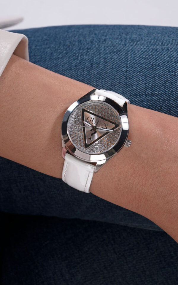 GUESS WOMAN WATCH GLITZ PLAQUE WHITE LEATHER STRAP