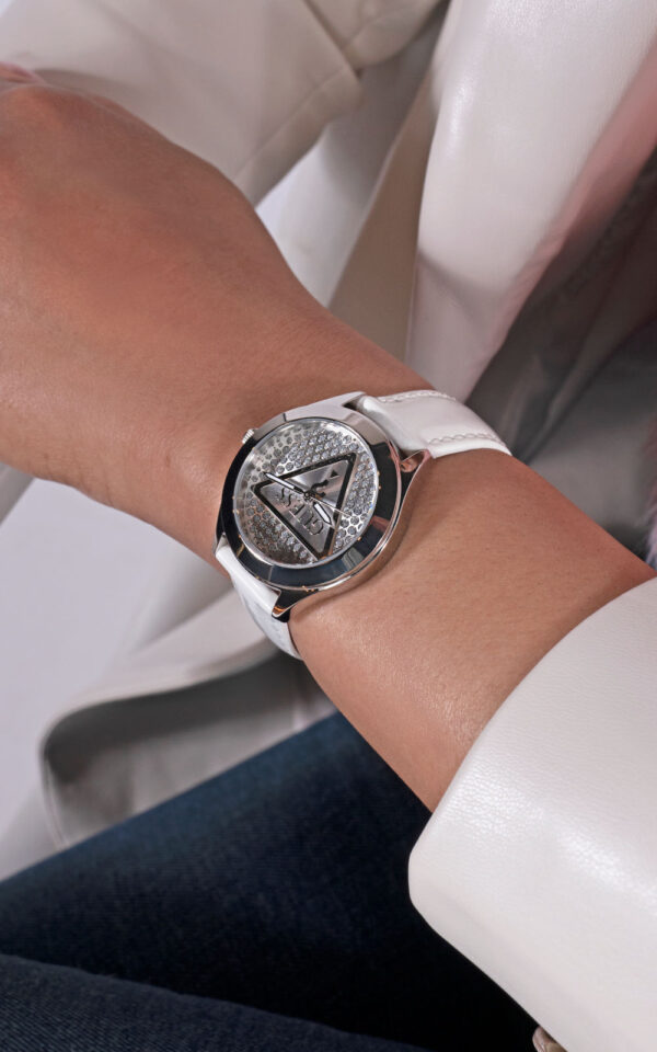 GUESS WOMAN WATCH GLITZ PLAQUE WHITE LEATHER STRAP