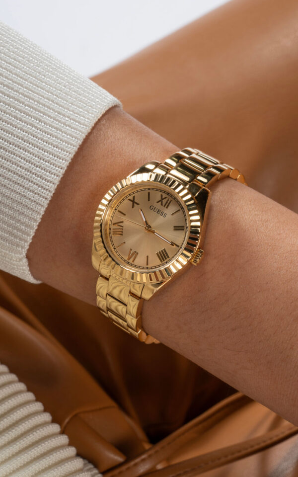 GUESS WATCH LADIES GOLD TONE ANALOG GOL STAINLESS STEEL BRACELET