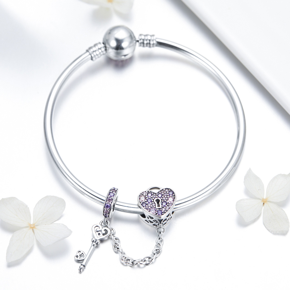 ΑΣΗΜΕΝΙΟ ΒΡΑΧΙΟΛΙ (925) Bracelet Bangle With Heart And Charm - Image 2