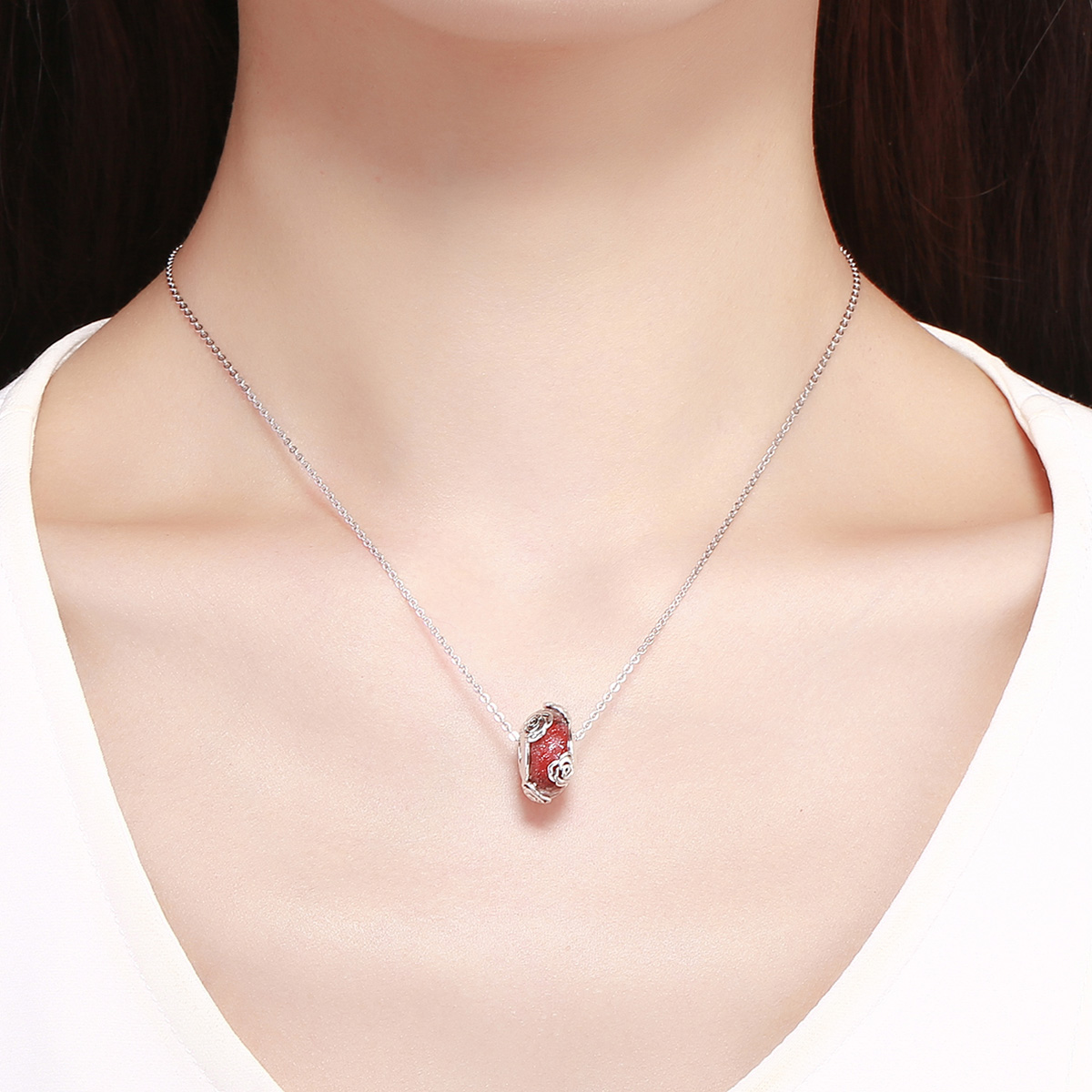 ΑΣΗΜΕΝΙΟ CHARM (925) Red stone with roses - Image 2
