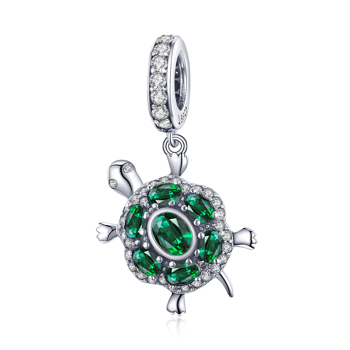 ασημένιο charm 925 Green Turtle Δασκαλάκης (χελώνα με πράσινες πέτρες, τυχερό κόσμημα)