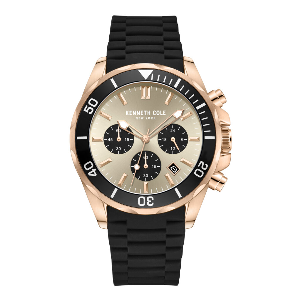 kenneth cole men watch black silicone strap rose gold chronograph