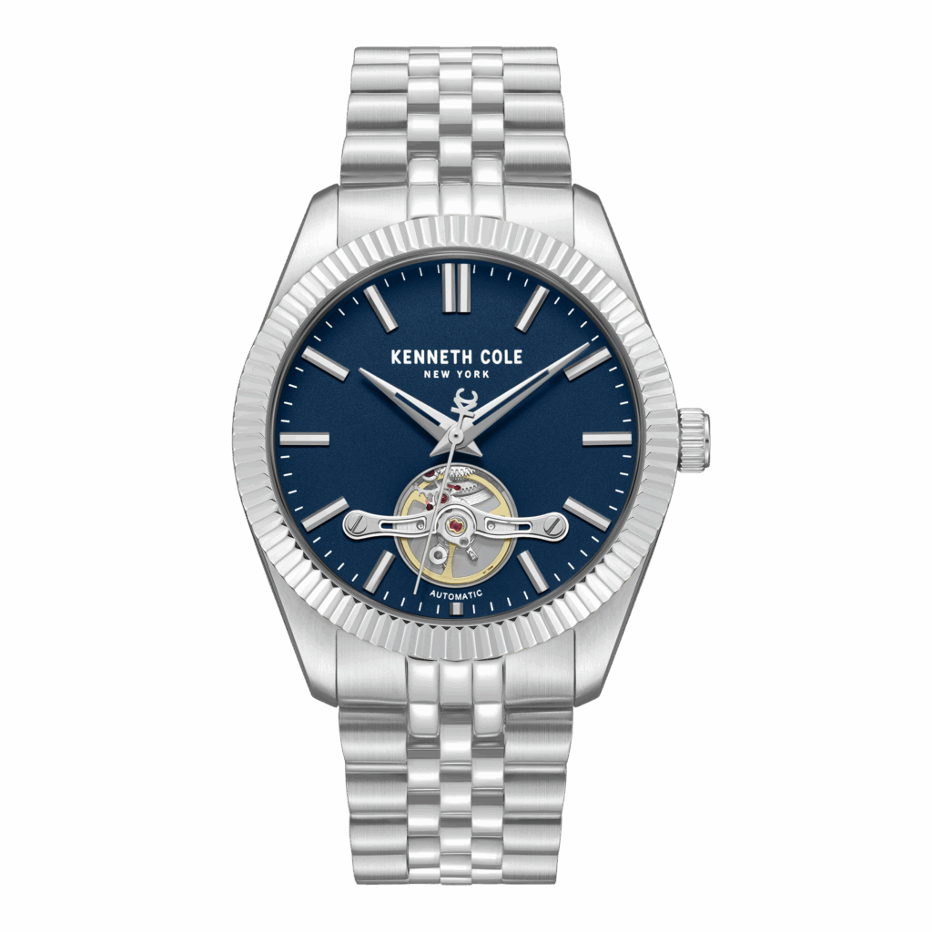 kenneth cole new york men watch silver stainless steel bracelet blue dial automatic
