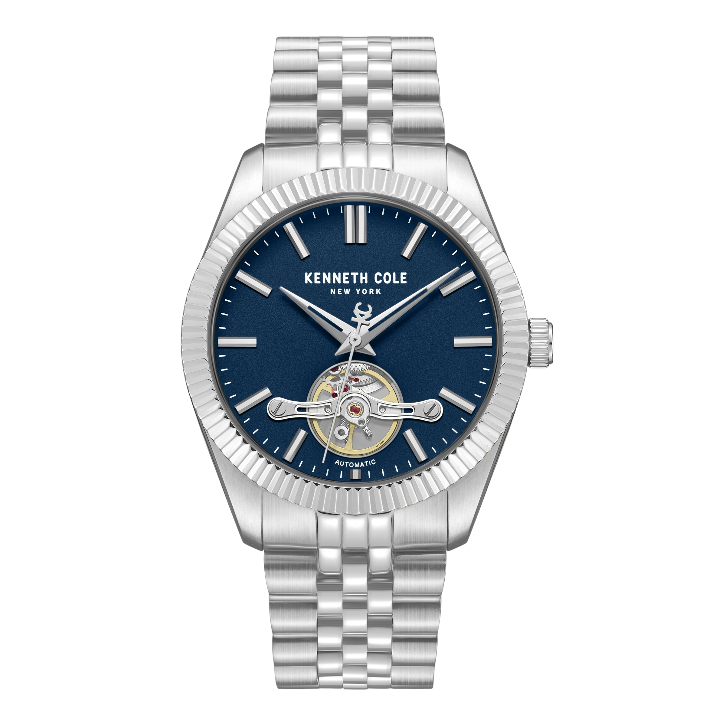 kenneth cole new york men watch silver stainless steel bracelet blue dial automatic
