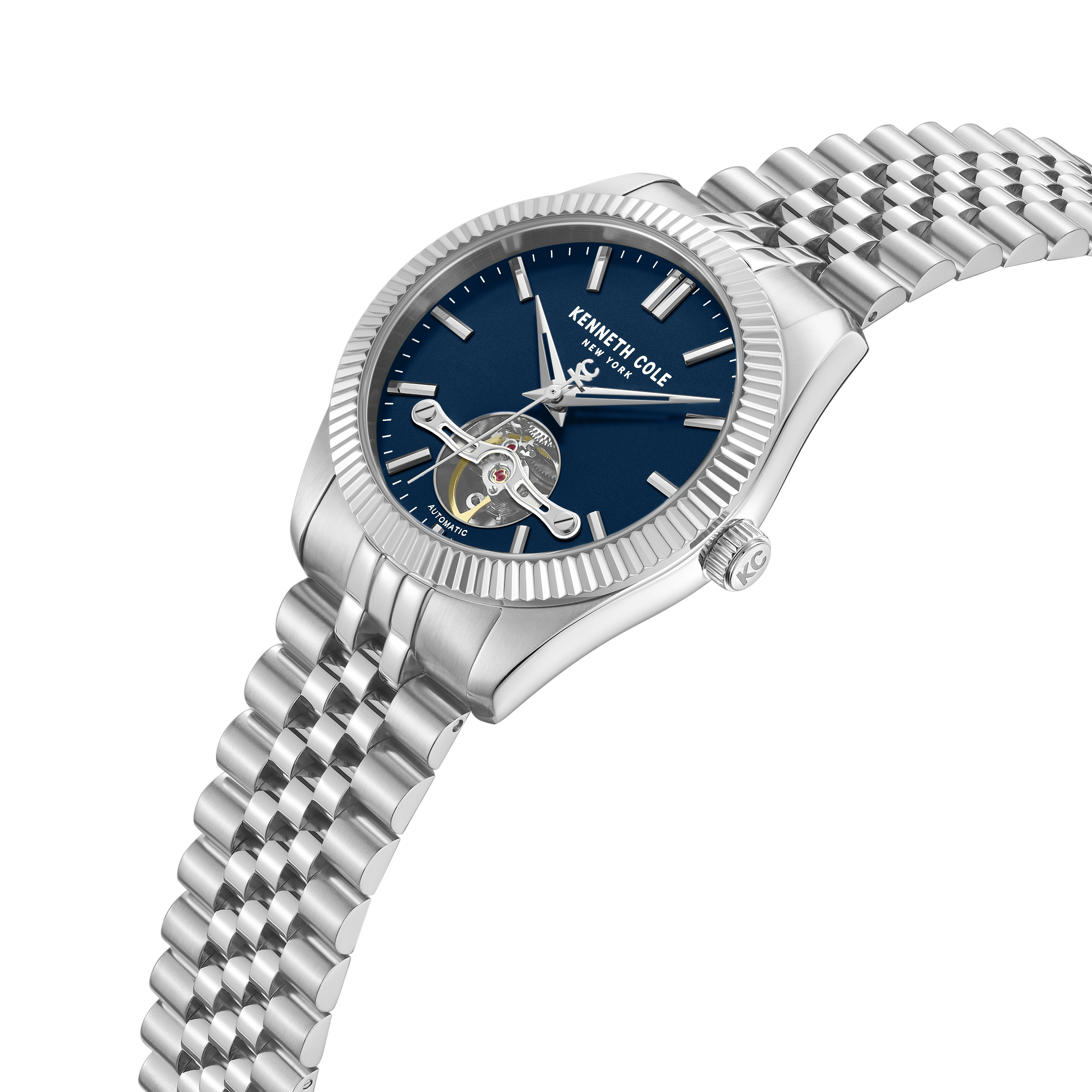 kenneth cole new york men watch silver stainless steel bracelet blue dial automatic