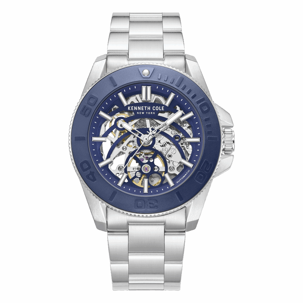 kenneth cole men watch silver stainless steel bracelet blue skeleton dial