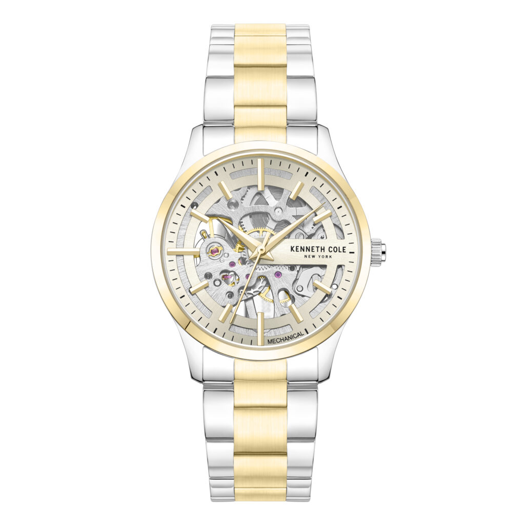 kenneth cole men watch two tone stainless steel bracelet skeleton dial