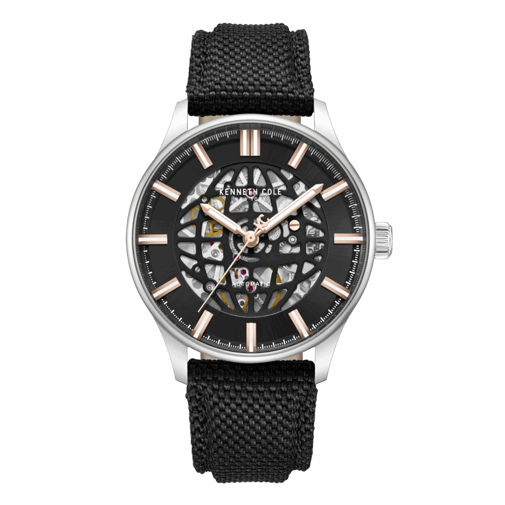 Kenneth Cole ανδρικό ρολόι μαύρο nylon strap με skeleton μηχανισμό