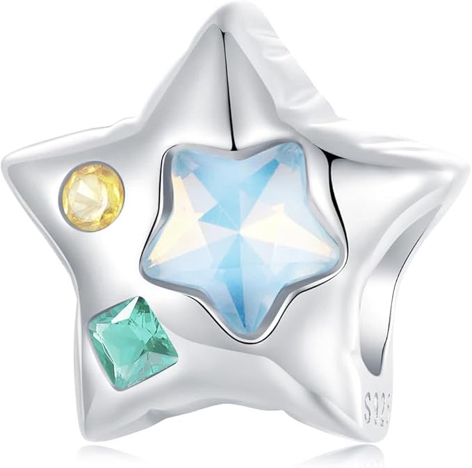Ασημένιο charm Balloon Star σχεδίασης αστέρι με πολύχρωμα κρυστάλλια σε μπλε, πράσινο, κίτρινο και λευκό