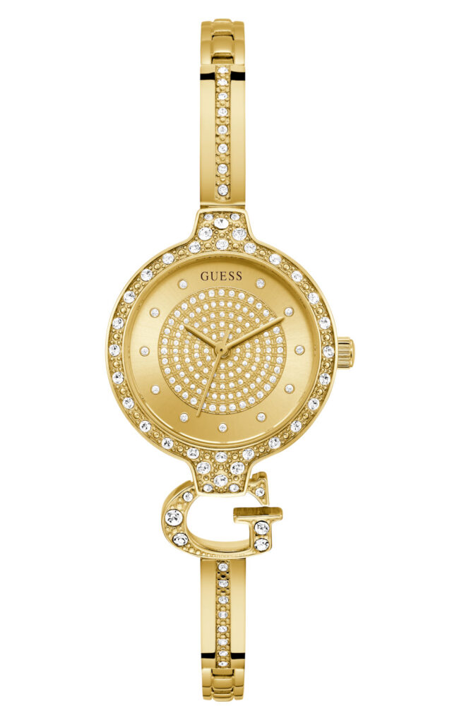 GUESS Giselle Gold γυναικείο ρολόι με χρυσό βραχιόλι και κρυσταλλικές λεπτομέρειες