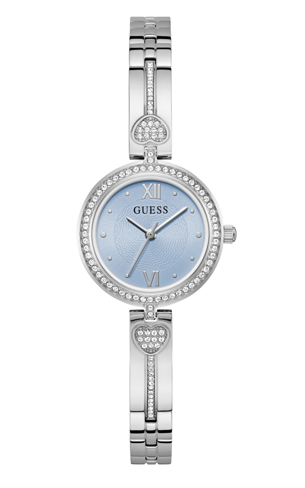 Γυναικείο ρολόι GUESS Lovey με ασημί ανοξείδωτο χάλυβα και κρυστάλλινη διακόσμηση καρδιάς