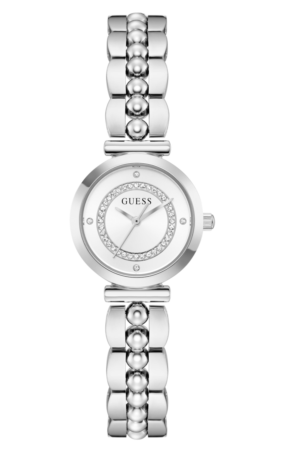 Κομψό ασημί γυναικείο ρολόι GUESS Leena με μπρασελέ από ανοξείδωτο ατσάλι και κρύσταλλα στο καντράν
