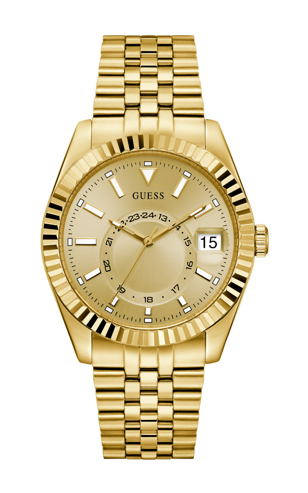 Χρυσό γυναικείο ρολόι GUESS Jaden GW0977G2 από ανακυκλωμένο ατσάλι με μπρασελέ Jubilee