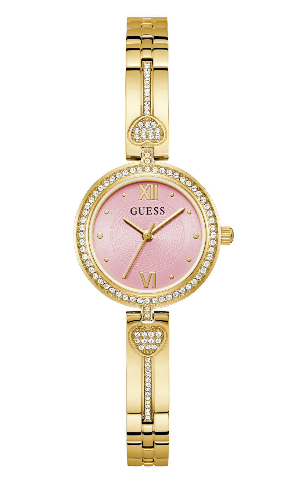 Γυναικείο ρολόι GUESS Lovey GW0655L5 με χρυσό μπρασελέ, ροζ καντράν και κρύσταλλα