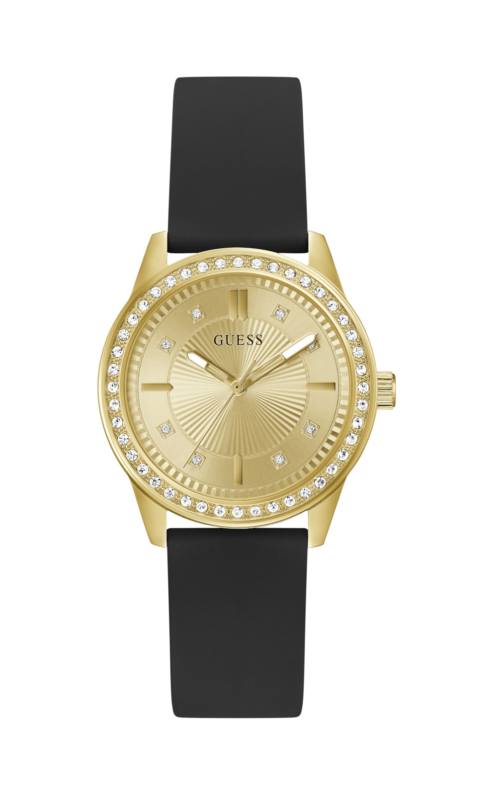 Χρυσό γυναικείο ρολόι GUESS Margo με μαύρο λουράκι σιλικόνης και κρύσταλλα στη στεφάνη