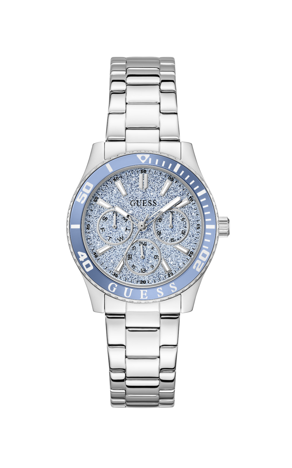 Γυναικείο ρολόι GUESS Mariana GW1035L1 με γαλάζιο glitter καντράν και ασημί μπρασελέ από ανακυκλωμένο ατσάλι