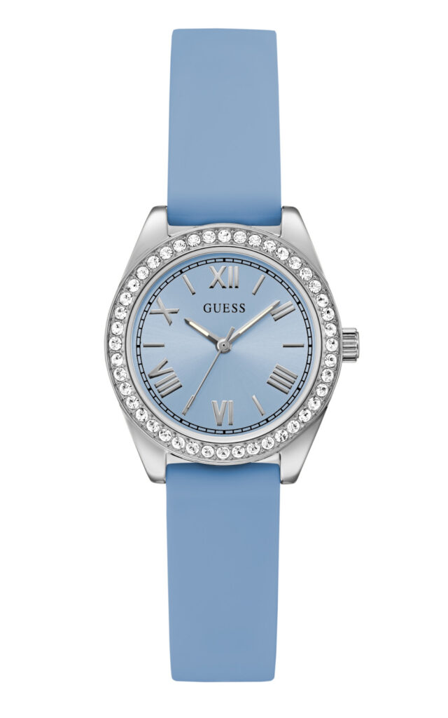 Γυναικείο ρολόι Guess Mini Luna GW1000L1 με γαλάζιο λουράκι καουτσούκ και κρύσταλλα στη στεφάνη