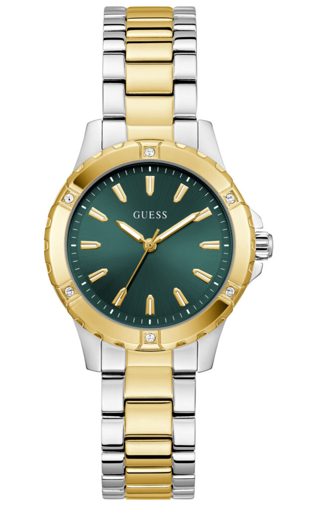 Γυναικείο ρολόι Guess Mist με δίχρωμο μπρασελέ, πράσινο καντράν και πέτρες στη στεφάνη