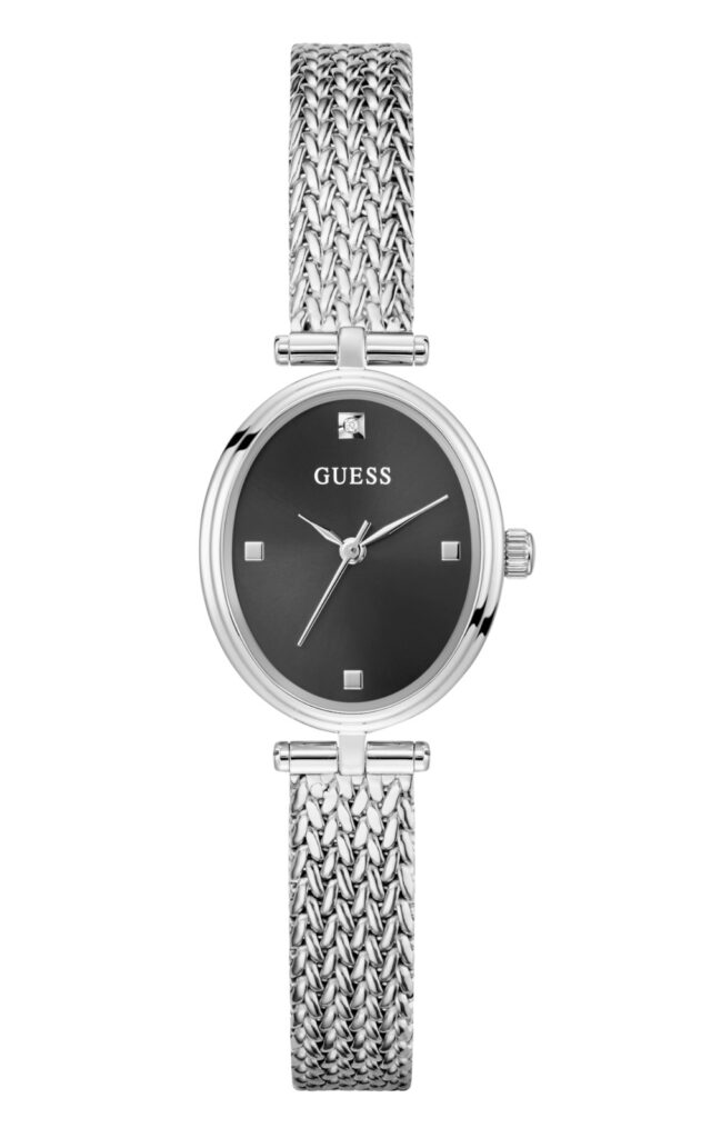 Γυναικείο ρολόι GUESS Ruby με ασημένιο μπρασελέ από ανακυκλωμένο ατσάλι και μαύρο οβάλ καντράν