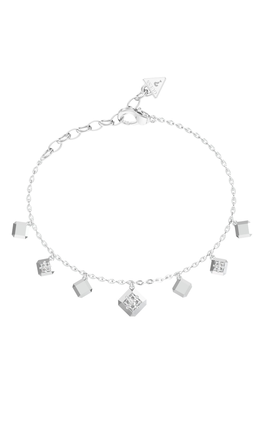 Γυναικείο ατσάλινο βραχιόλι Guess Ace of Diamonds με κρεμαστά charms και πέτρες σε ασημί χρώμα