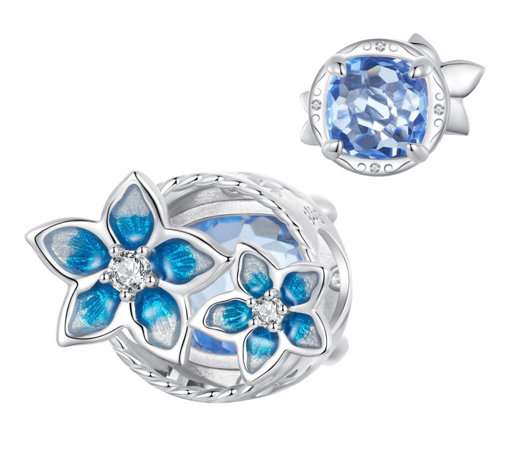 Χειροποίητο ασημένιο charm 925 με μπλε σμάλτο και floral σχέδιο λουλουδιών