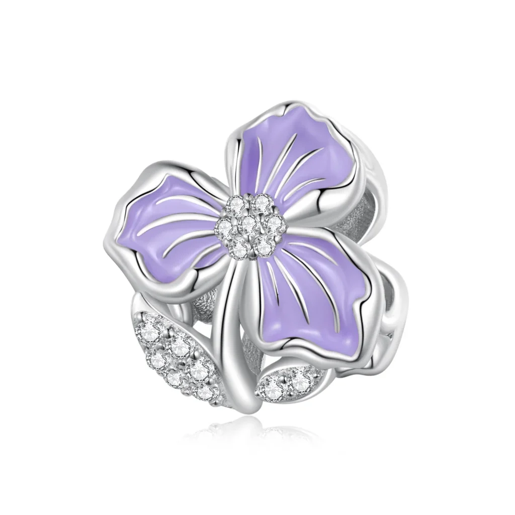 Ασημένιο floral charm 925 με μοβ λουλούδι και πέτρες ζιργκόν