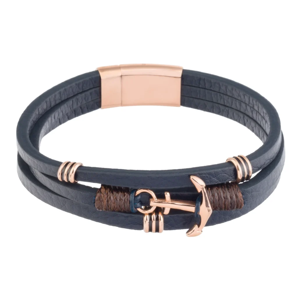 US.POLO ASSN ανδρικό βραχιόλι από μαύρο δέρμα και ανοξείδωτο ατσάλι rose gold