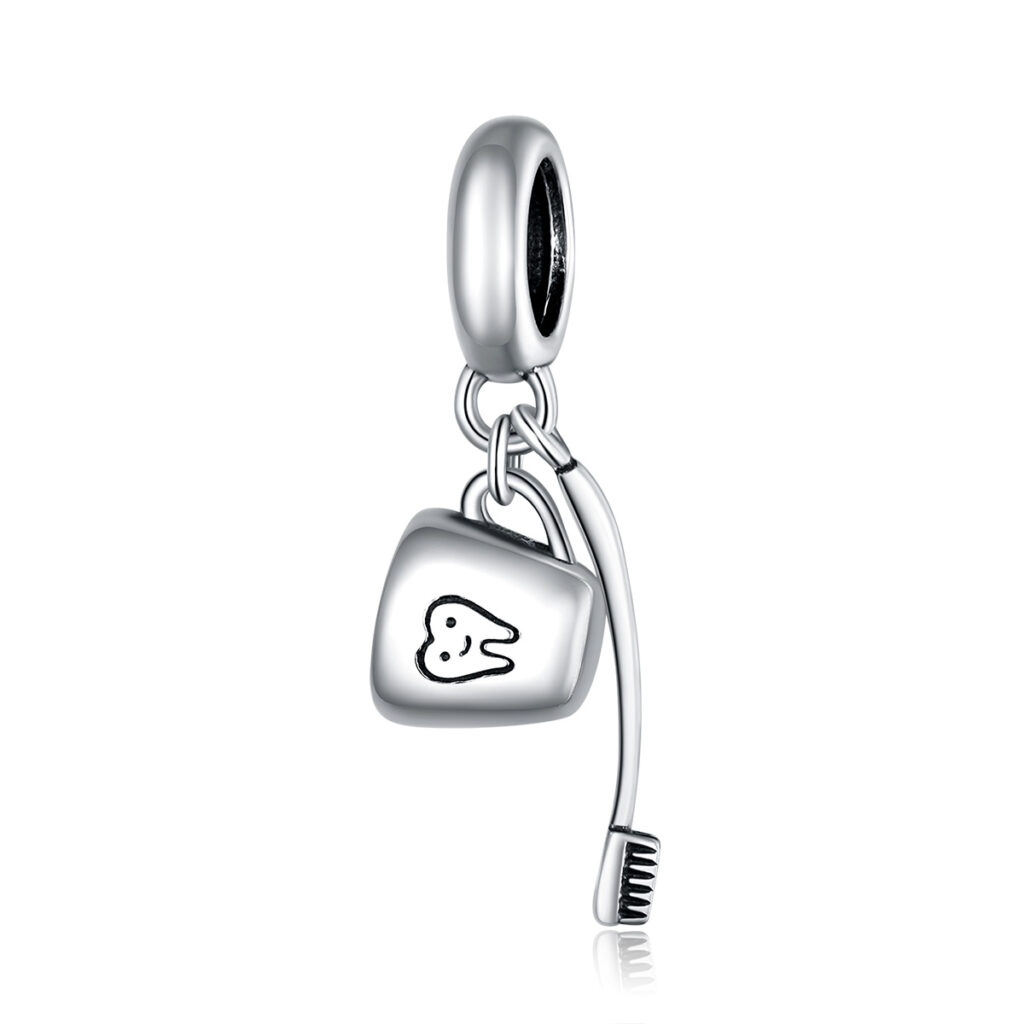 Χειροποίητο ασημένιο charm 925 με σχέδιο δόντι και οδοντόβουρτσα για βραχιόλια