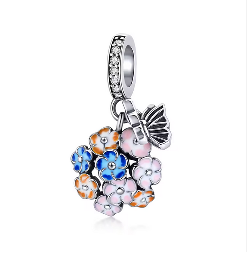Χειροποίητο ασημένιο charm 925 pendant με floral σχέδιο από σμάλτο και πέτρες ζιργκόν