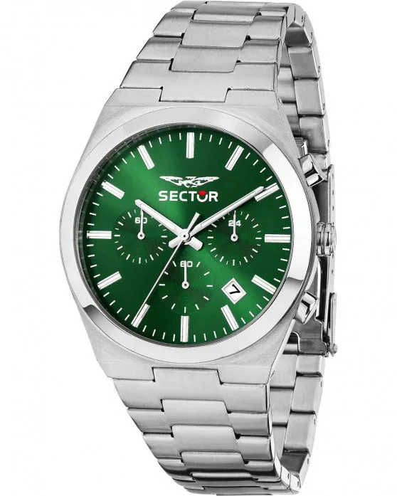 Ανδρικό ρολόι Sector C300 Chronograph με πράσινο sunray καντράν και ασημί ατσάλινο μπρασελέ