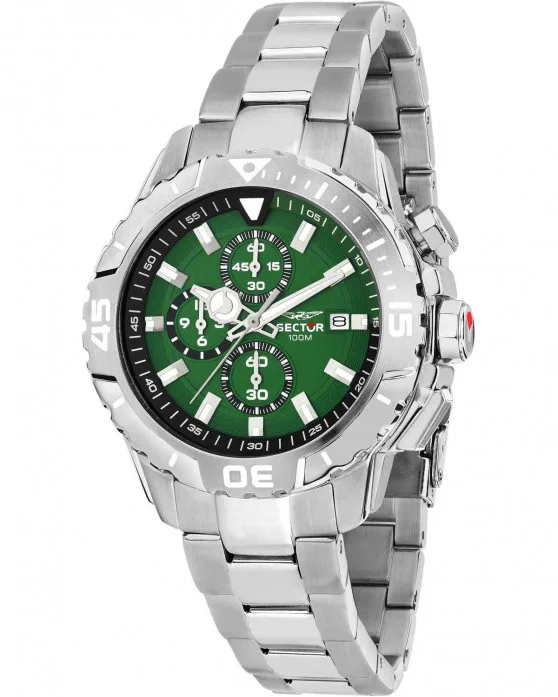 Ανδρικό ρολόι Sector Legend Chronograph με ασημί μπρασελέ και πράσινο καντράν