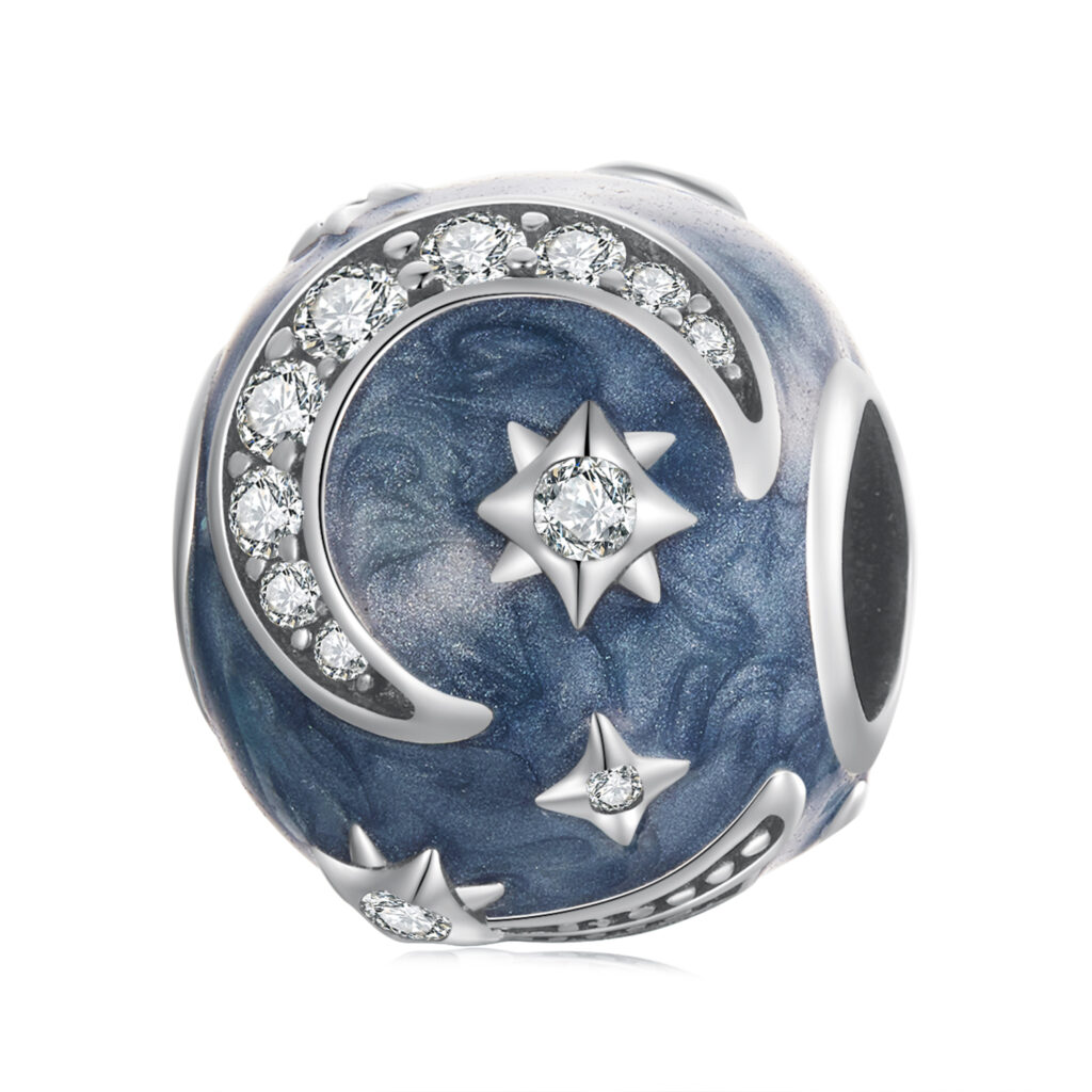 Ασημένιο charm 925 Blue Moon με μπλε σμάλτο και λαμπερές πέτρες ζιργκόν