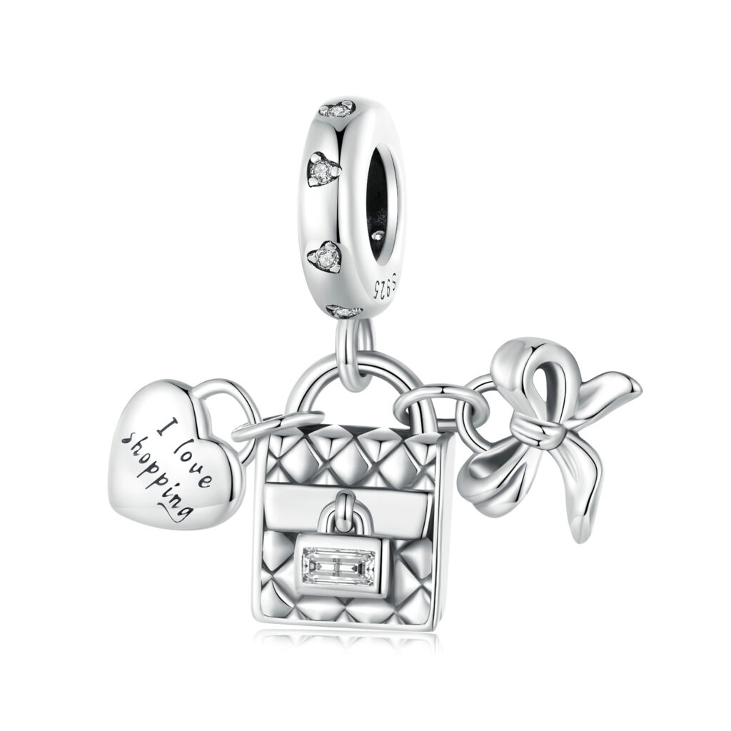Γυναικείο ασημένιο charm 925 σε σχήμα τσάντας με ζιργκόν και μήνυμα I Love Shopping