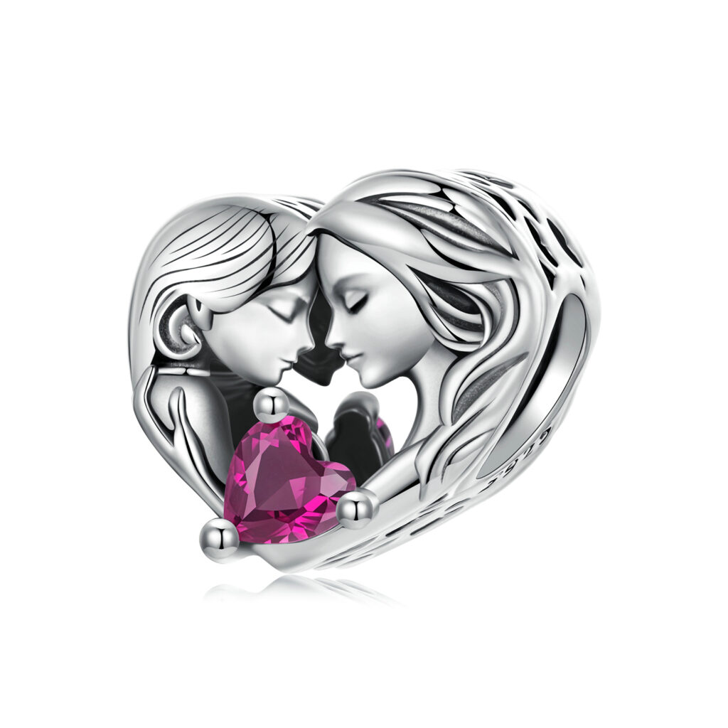 Ασημένιο charm 925 με χάραξη Mom and Daughter και ροζ καρδιά για βραχιόλι