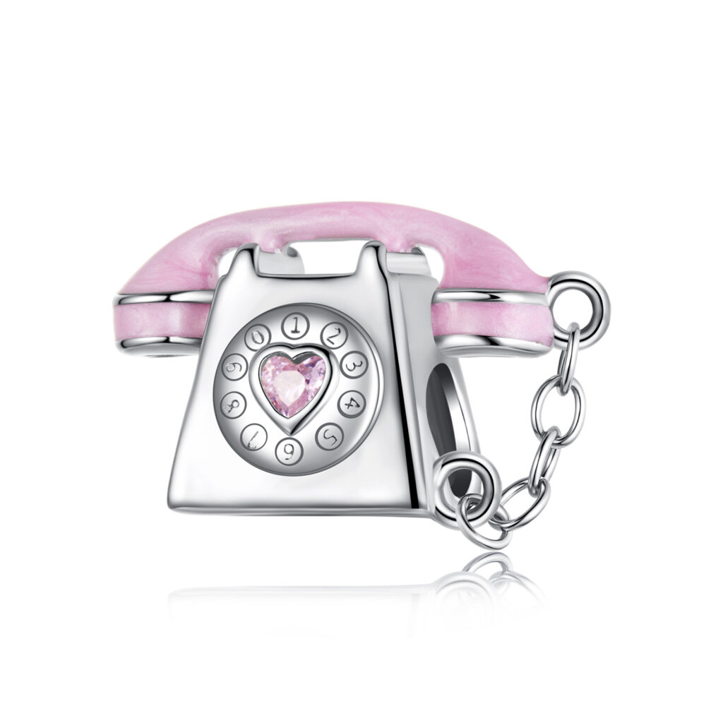 Ασημένιο charm 925 σε σχήμα vintage τηλεφώνου με ροζ σμάλτο και πέτρα καρδιά