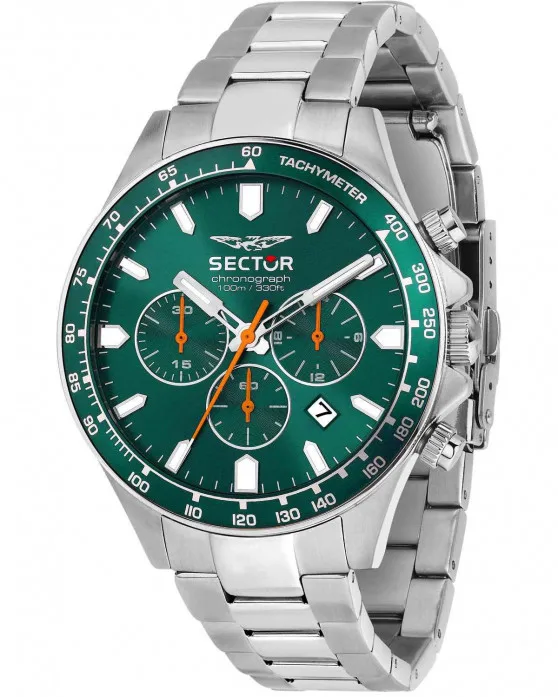 Ανδρικό ρολόι Sector 230 Chronograph με ασημί μπρασελέ και πράσινο καντράν