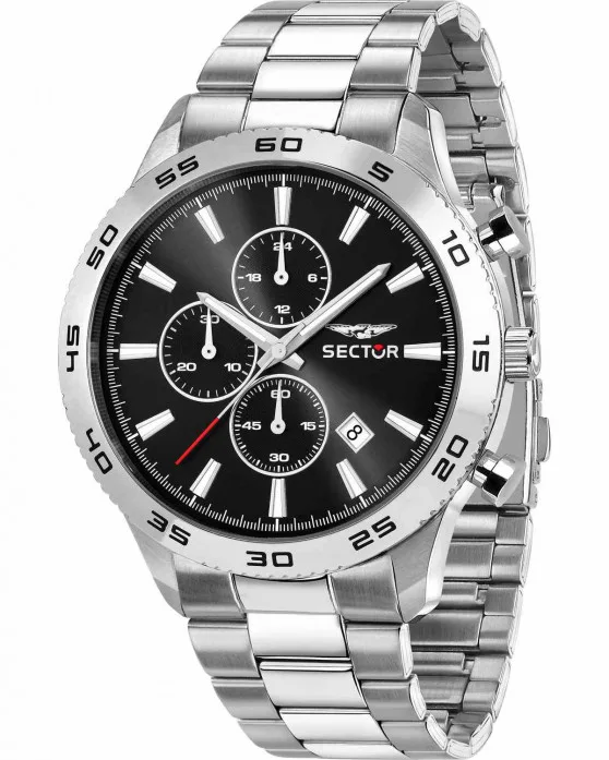 Ανδρικό ρολόι Sector 270 Chronograph με ασημί μπρασελέ από ανοξείδωτο ατσάλι και μαύρο καντράν