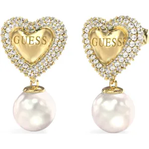 Χρυσά ατσάλινα σκουλαρίκια GUESS Beloved με πέρλες και κρύσταλλα pave σε σχήμα καρδιάς